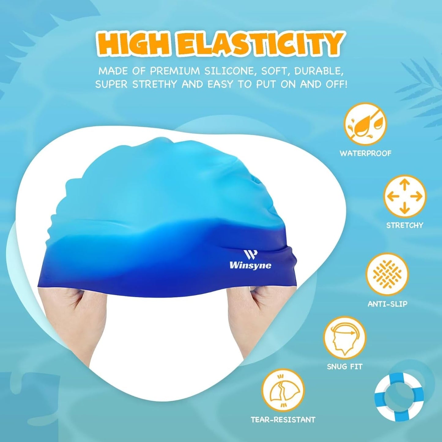 3-Pack Silicone Swim Caps for Kids: Waterproof Protection, Keeps Hair Dry, Ages image 0
