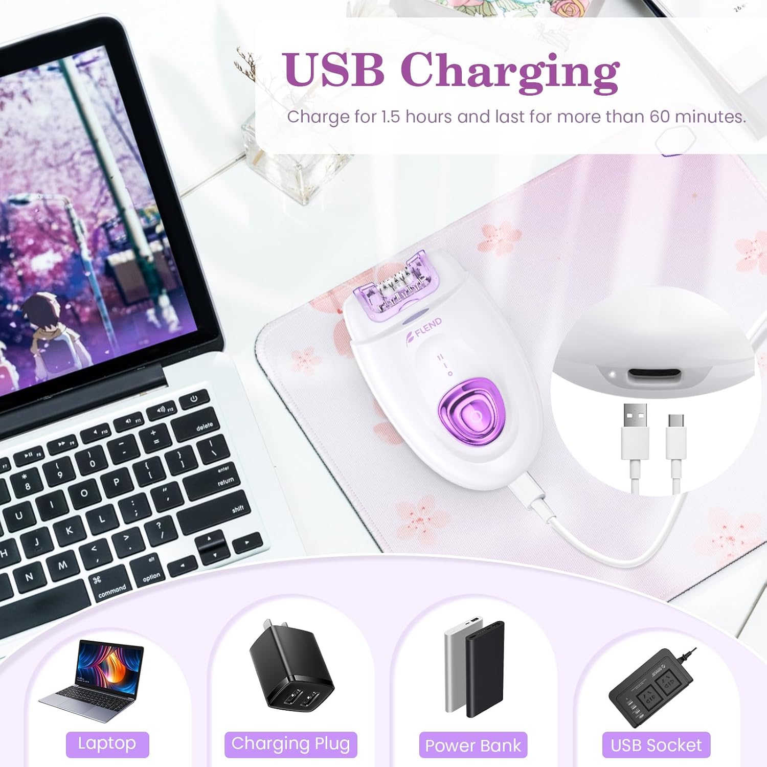 Flend 2-in-1 Cordless Facial Epilator & Shaver – 32 Tweezers, LED Light, USB image 2