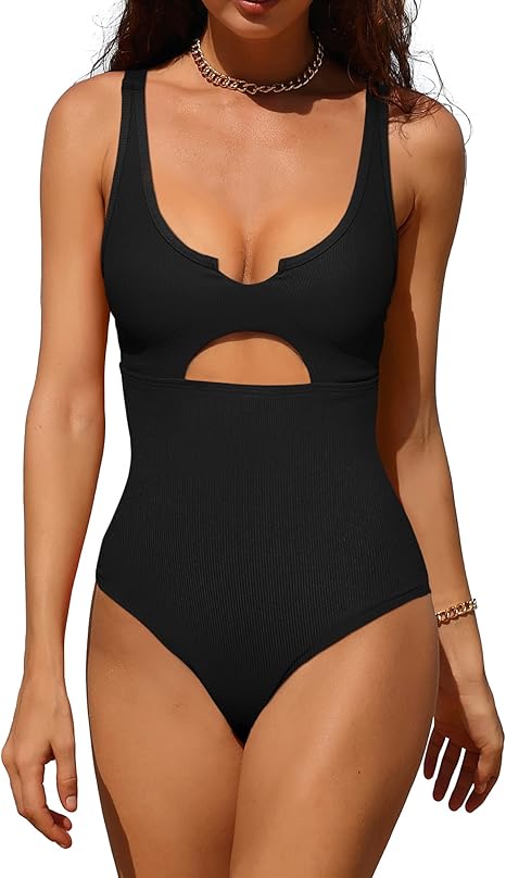 Charmo Ribbed One Piece Swimsuits for Women Cutout Scoop Neck Bathing Suit image 3