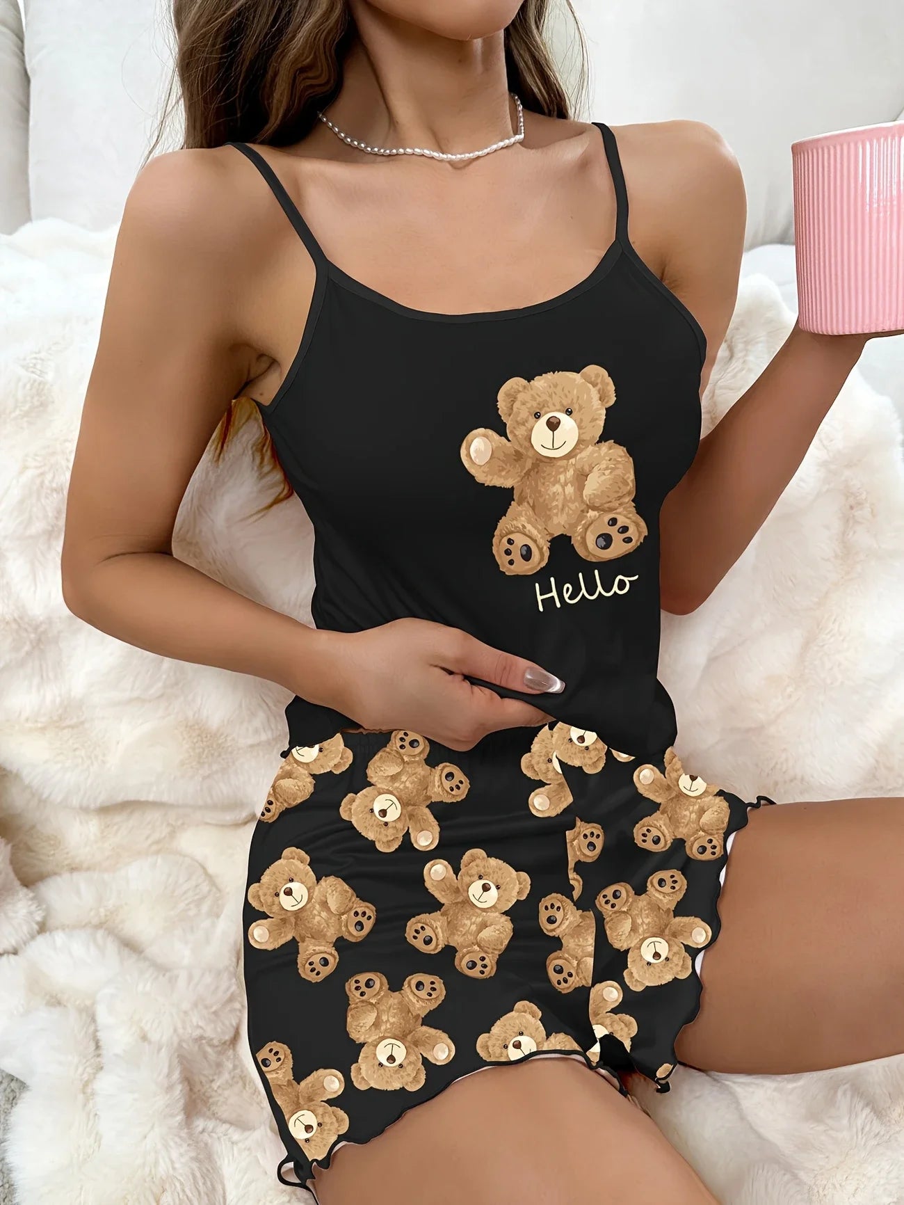 Summer Cute Black Bear Sling Crop Tops and Shorts Pajamas Set for Women's image 2