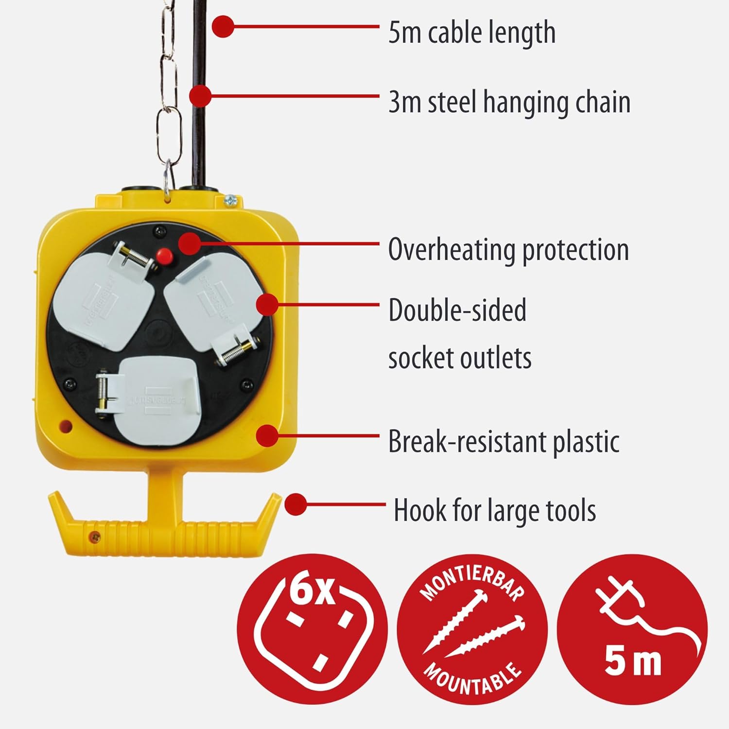 Brennenstuhl 2x 3-way hanging workshop power distributor 5m cable, double-sided image 1