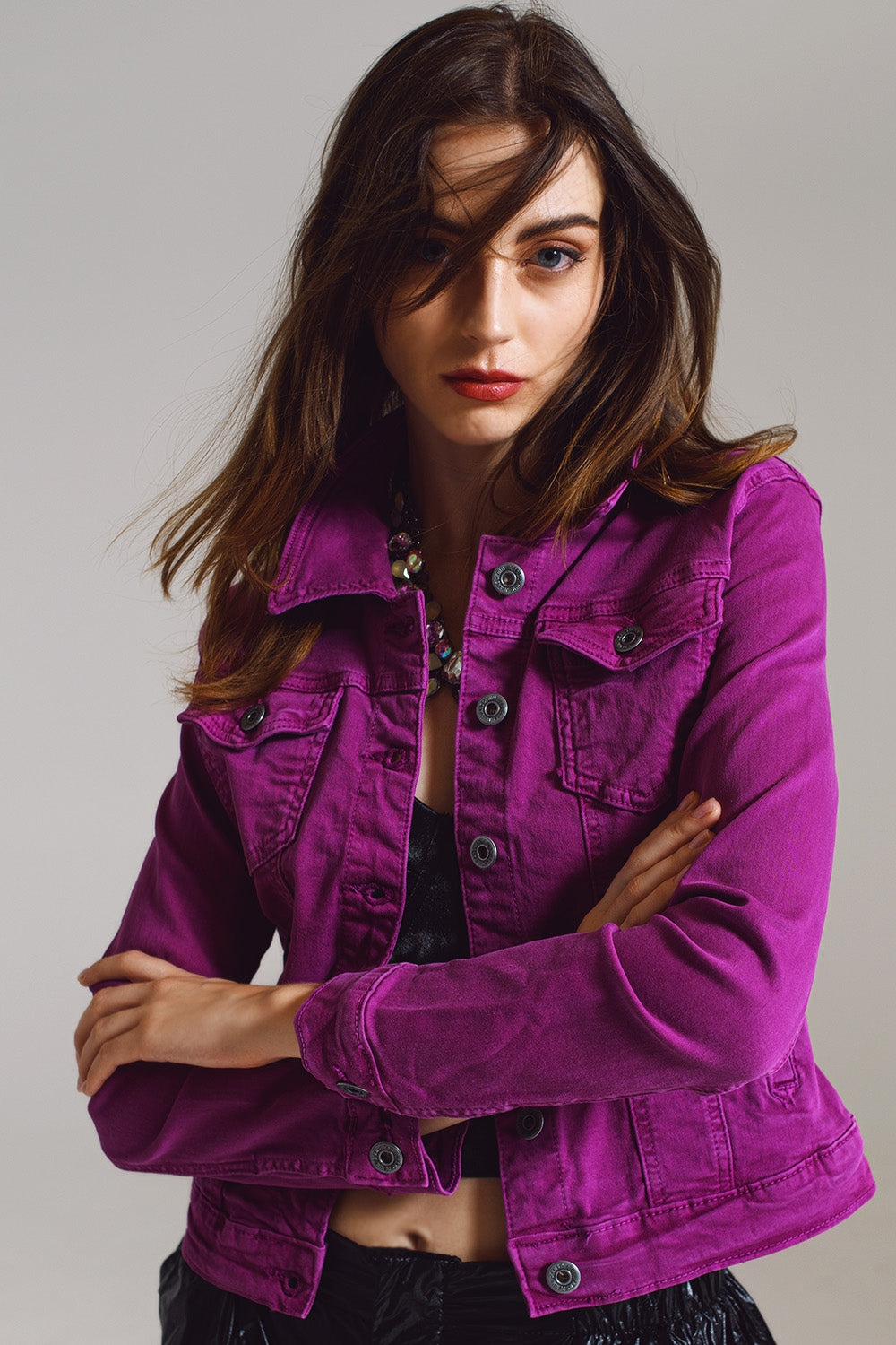 Slim Denim Trucker Jacket in Fuchsia image 3