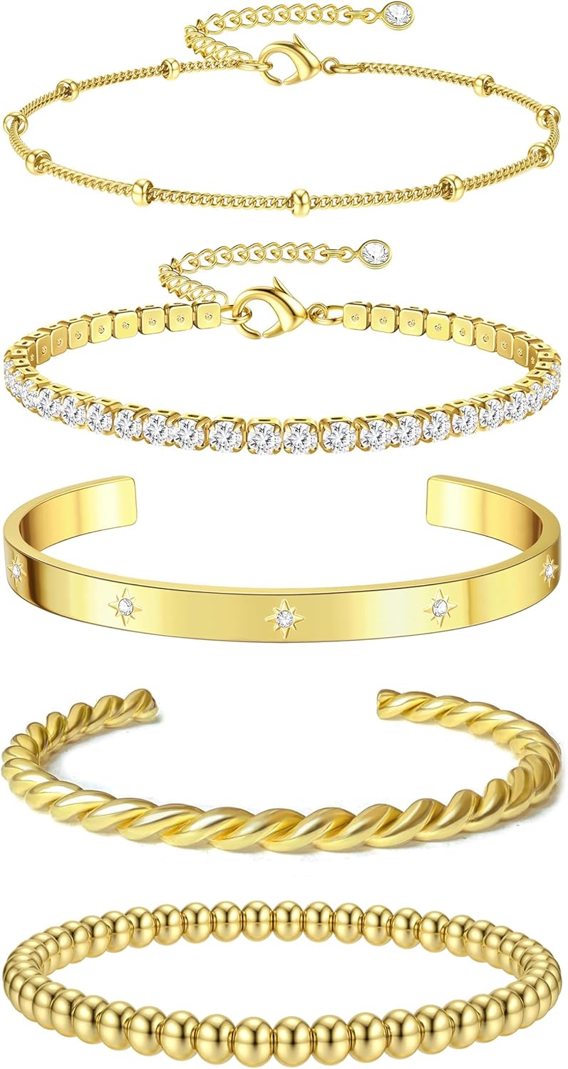 Elegant 14K Gold Plated Stacking Bracelet Set for Women - 5-Piece Hypoallergeni image 1