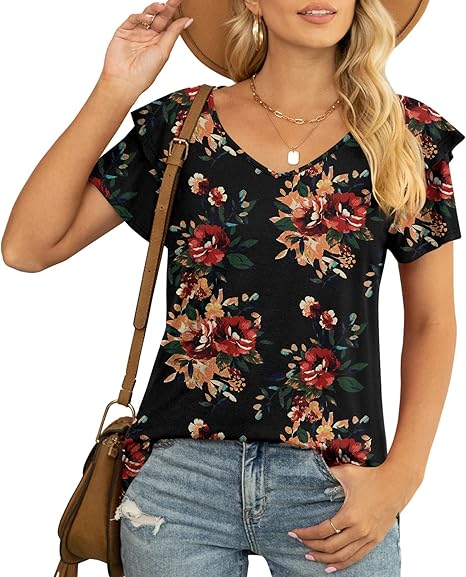 YVH Womens Summer Tops Casual V Neck Ruffle Short Sleeve T Shirts Loose Fit image 7
