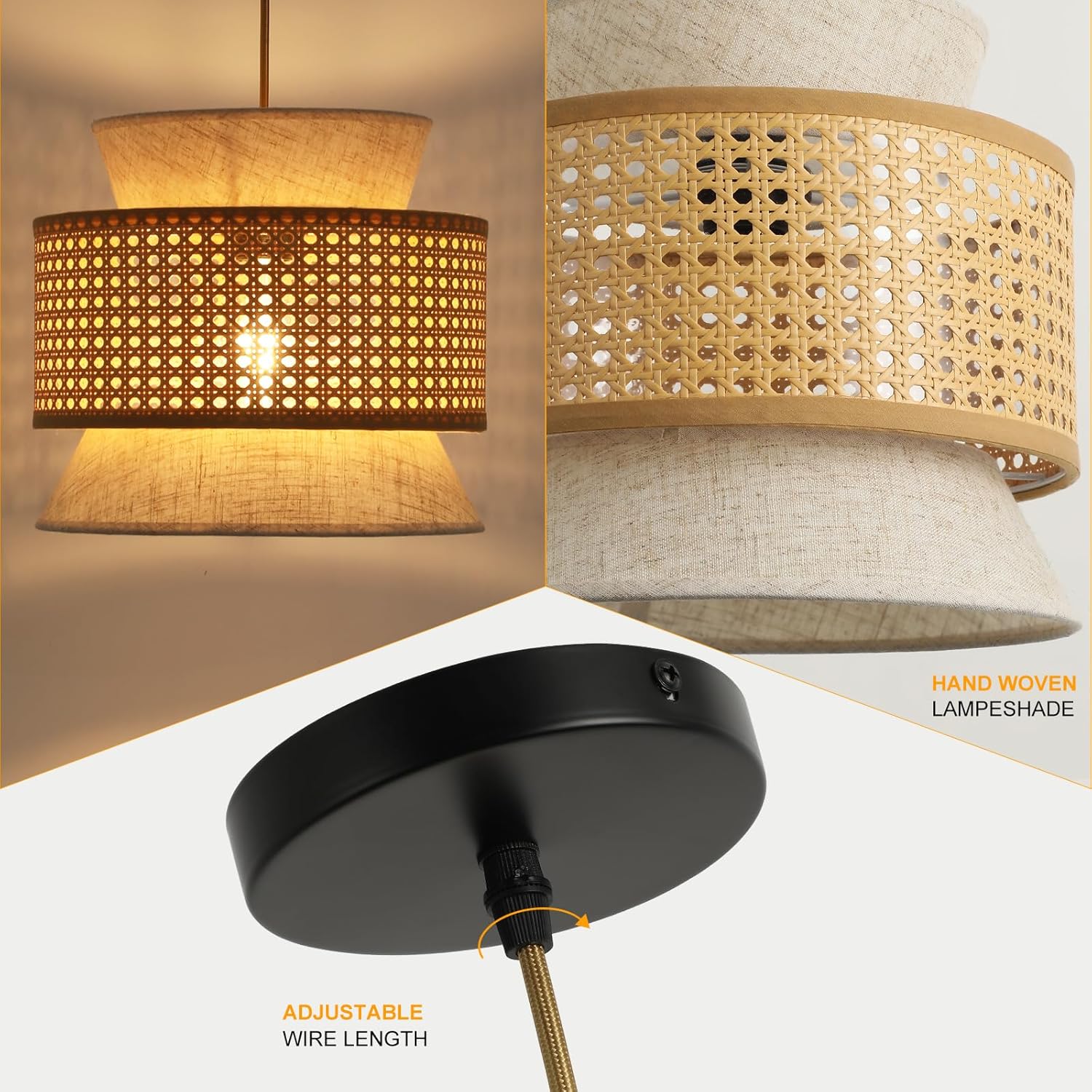 FORCOSO Vintage Pendant Light Rattan+Fabric, – Ø29 cm Wicker Fabric Shade image 6