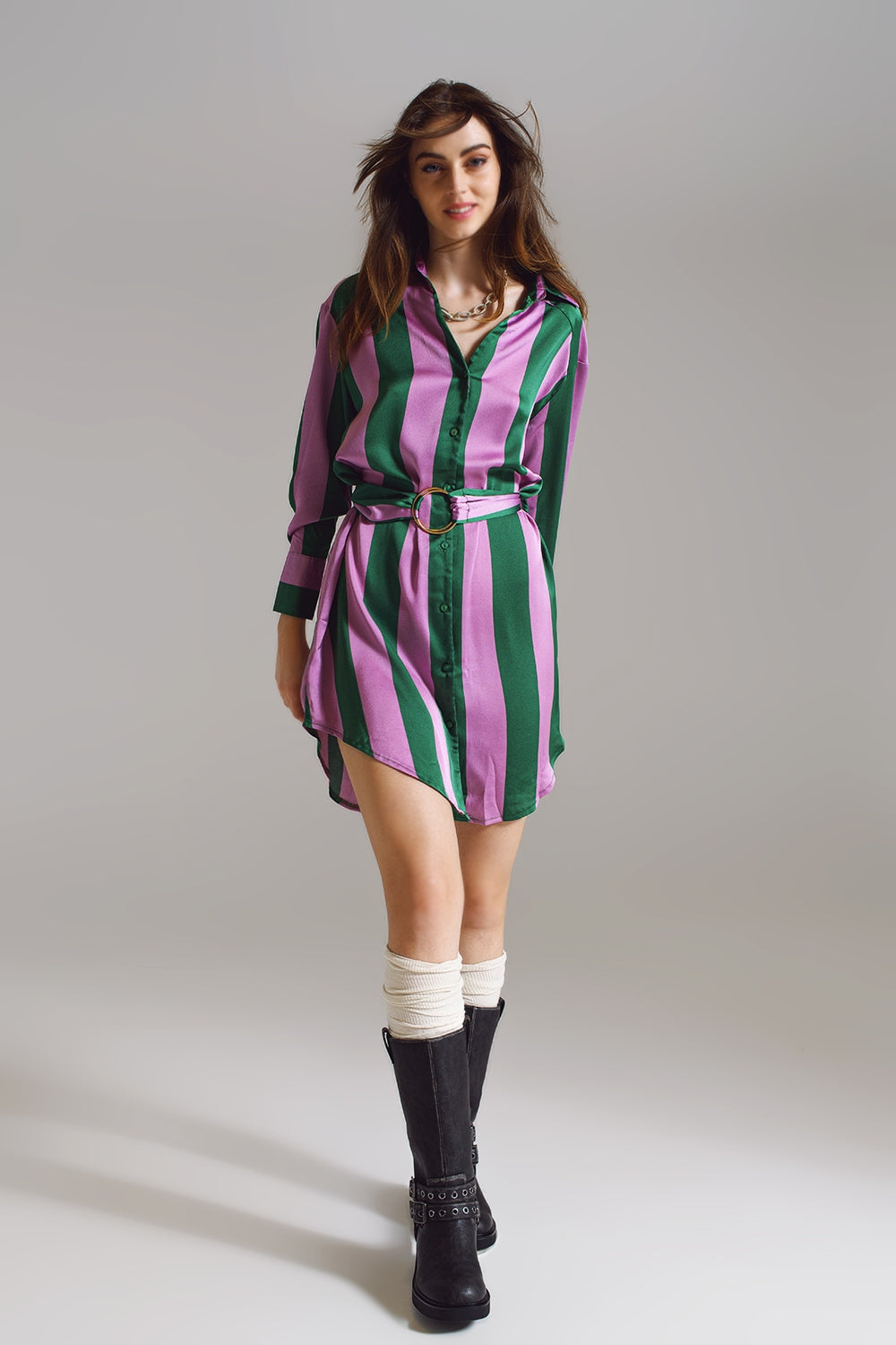Short Shirt Dress in Lilac and Green Stripe image 2