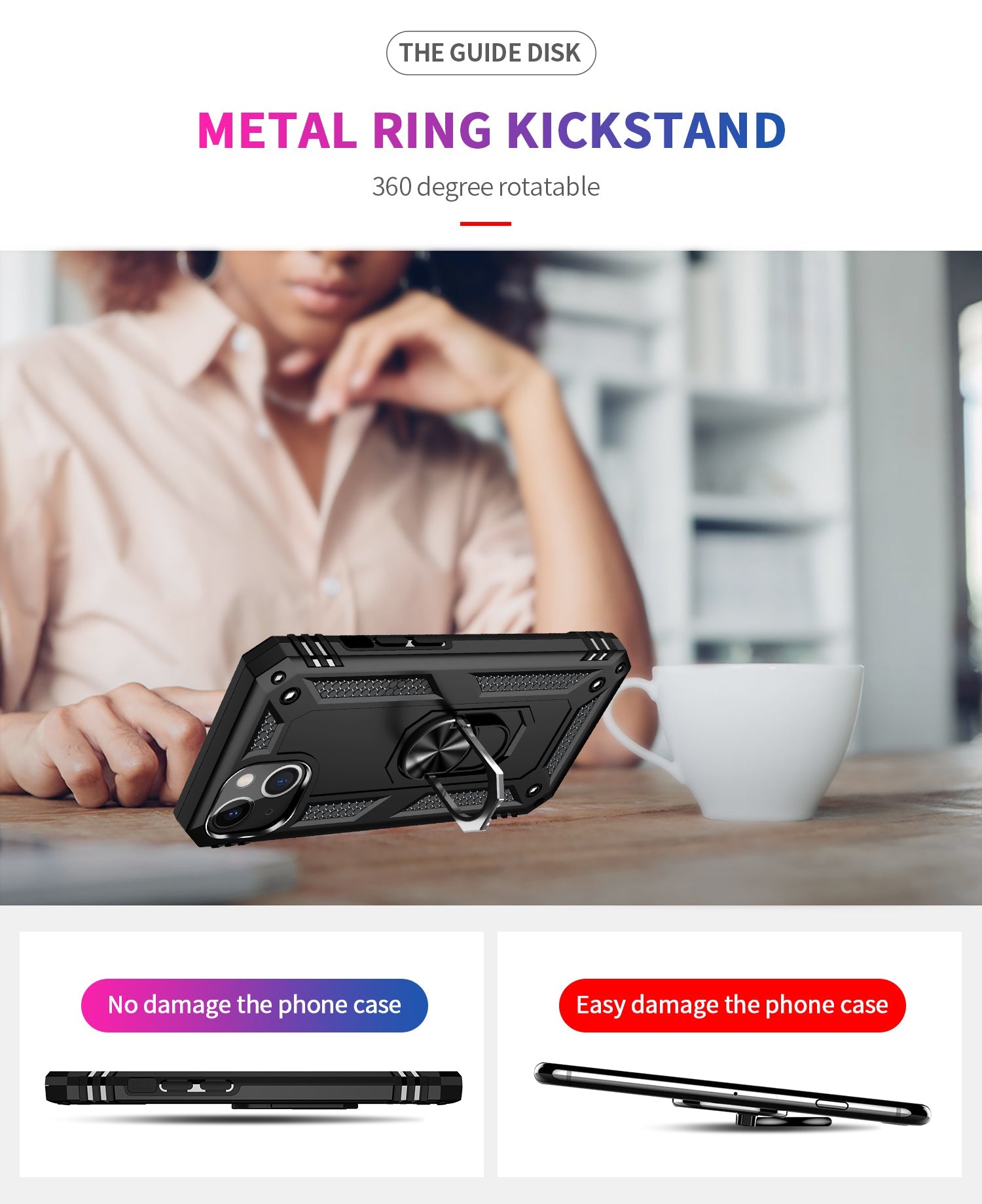 iPhone 13  Case With Kickstand, Heavy Duty , Built-In 360° Rotate Ring Stand image 4