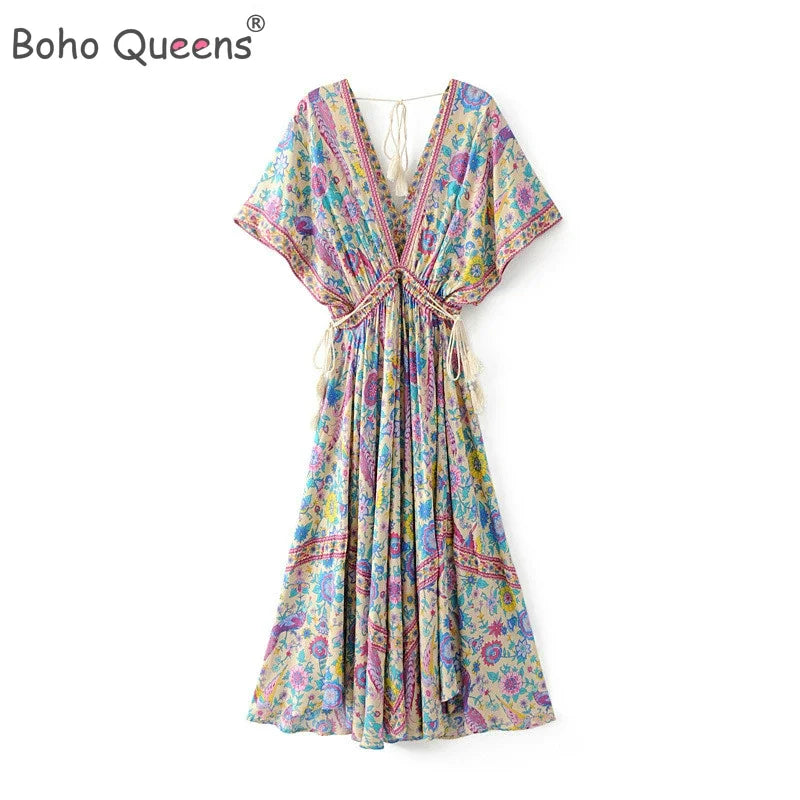 Boho Queens Women Peacock Floral Print Bat Sleeve Beach Bohemian  Maxi Dresses image 0