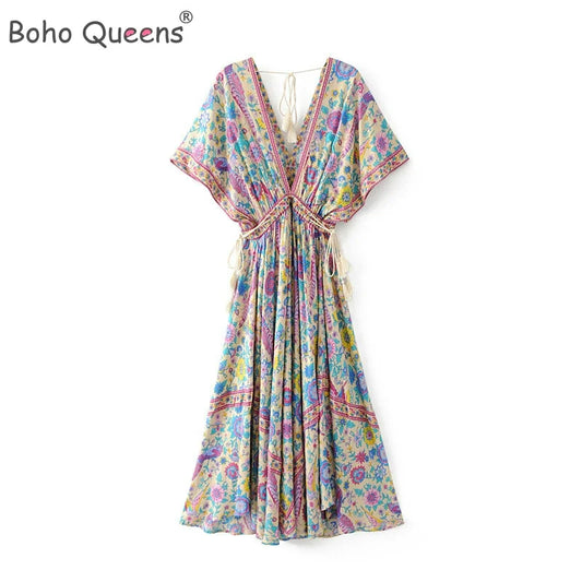 Boho Queens Women Peacock Floral Print Bat Sleeve Beach Bohemian  Maxi Dresses image 0
