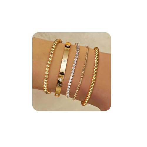 Elegant 14K Gold Plated Stacking Bracelet Set for Women - 5-Piece Hypoallergeni image 2